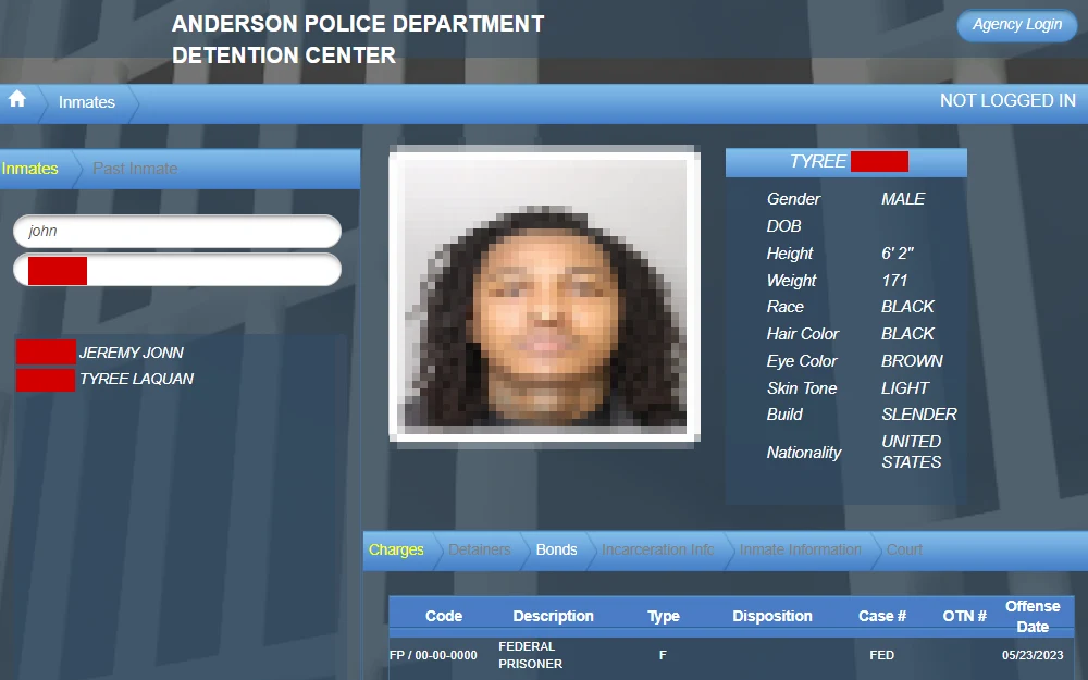 A screenshot of the Inmate Search Results on the Anderson Police Department website displays information such as inmate's full name, mugshots, gender, DOB, physical identification and charge details.