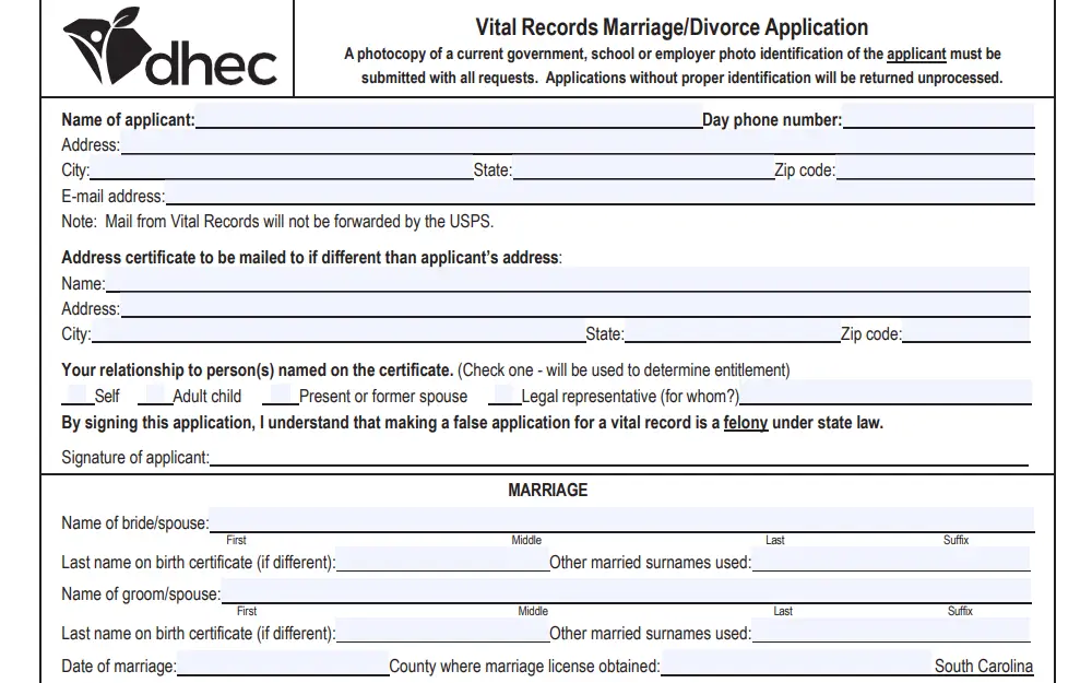 A screenshot of the Marriage or Divorce Application Form requesting vital documents in the South Carolina Department of Health and Environmental Control requires the applicant and marriage information.