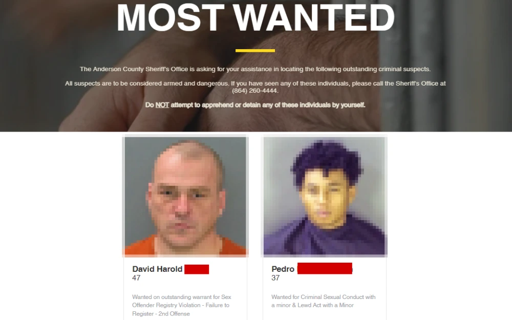 A screenshot of the list of most wanted individuals in Anderson County, including their full name, mugshots and offense information.