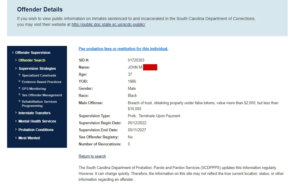 A screenshot of a probationer's details from the South Carolina Department of Probation, Parole and Pardon Services website, including SID no., full name, age, YOB, gender, race, main offense and supervision information.
