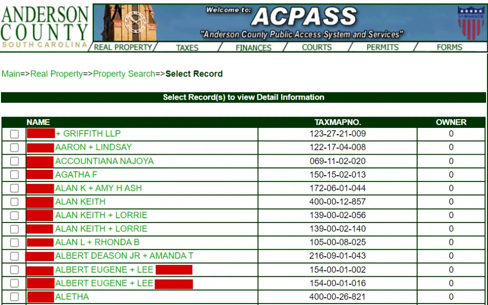 A screenshot of the Anderson County Public Access System and Services webpage shows a list of properties, including the party or owner name, tax map number, and number of owners.