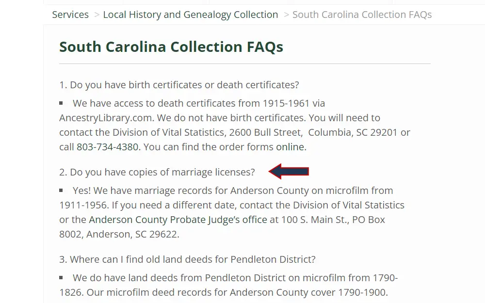 A screenshot of the frequently asked questions from the library system of Anderson County with the arrow emphasizing the question about the presence of marriage license copies.