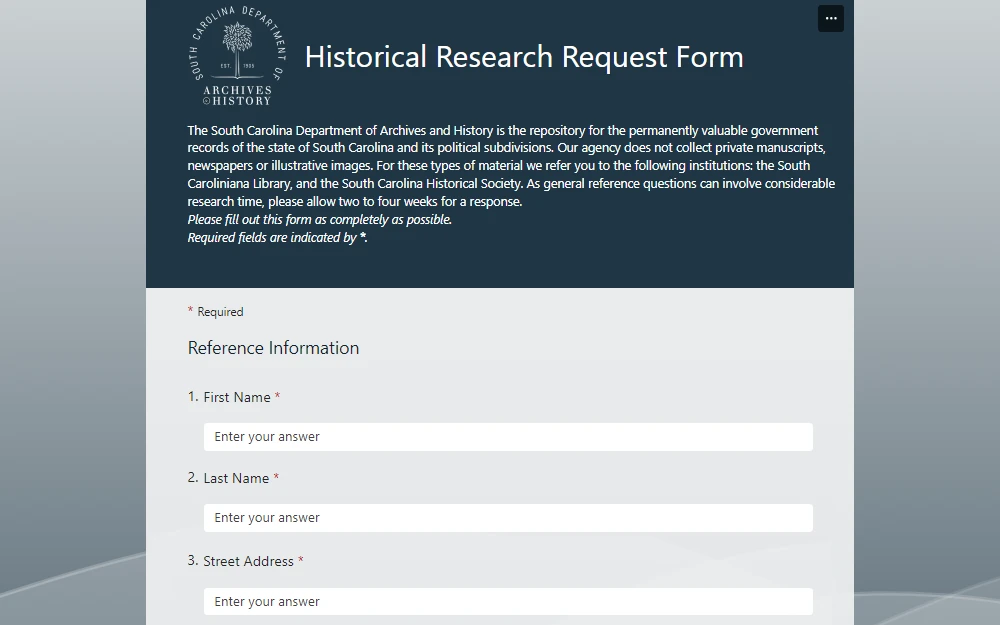 A screenshot of the online request form from the Archives and History Department of South Carolina displays a disclaimer, short instructions, and the first three fields: first name, last name, and street address.