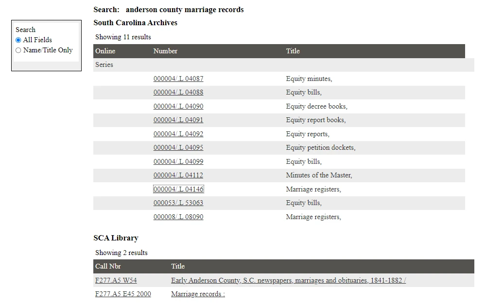 Screenshot of the search results from the online catalog of South Carolina displaying the numbers and titles of files available at the archives and library.