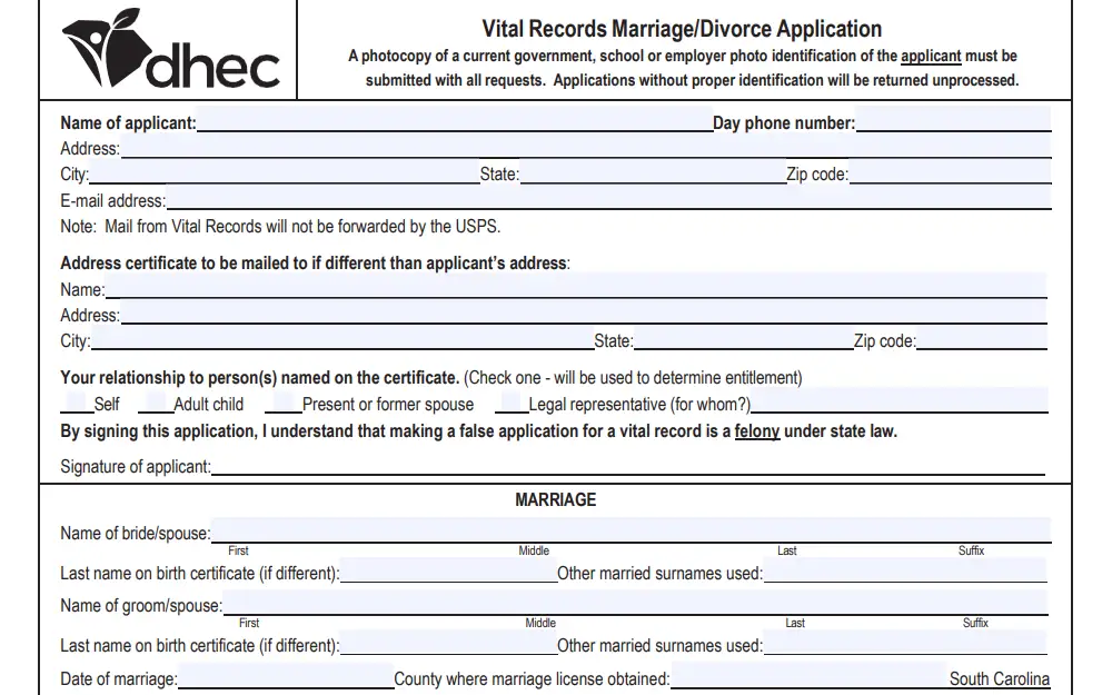 Screenshot of the marriage application form from the health department showing the sections provided for applicant and marriage information, including fields for applicant name, contact information, address, relationship to the person owning the certificate, names of bride and groom, place of marriage, and date of marriage.
