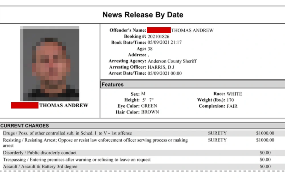 A screenshot from the Anderson County Sheriff's Office displays an offender's booking information, divided into three sections: the overview, including a mugshot, name, booking booking number, booking date and time, age, address, arresting agency, arresting officer, arrest date and time; physical features; and current charges, including the corresponding bond and surety.