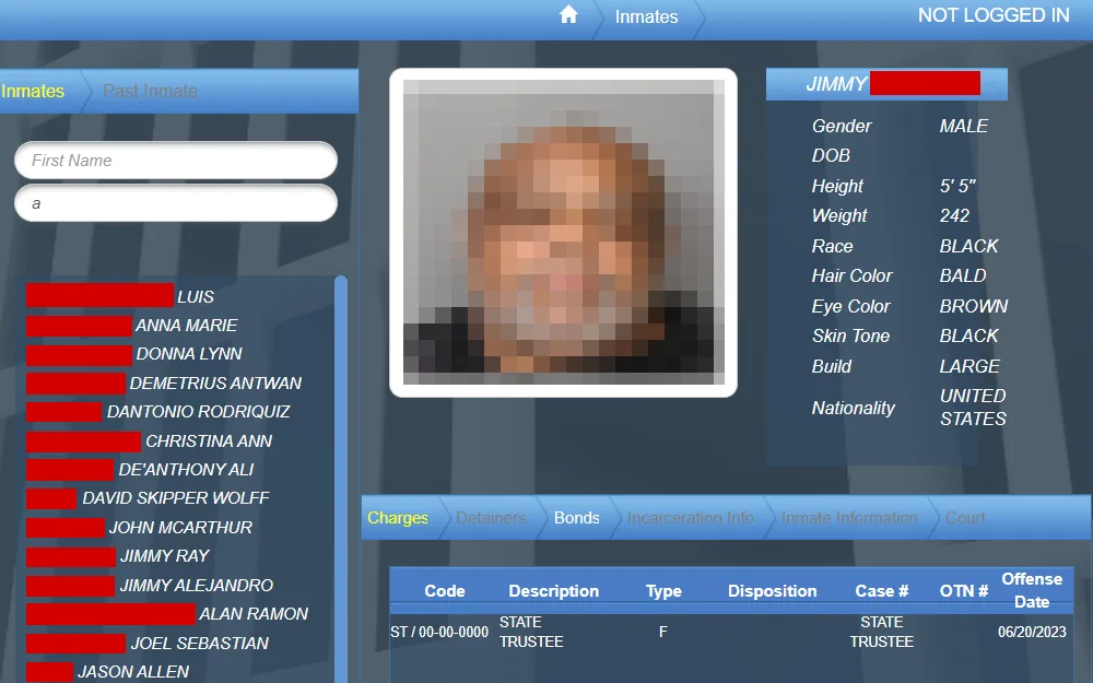 A screenshot from Anderson Police Department Detention Center shows an offender's mugshot, name, gender, height, race, hair color, eye color, skin tone, build, nationality, and charges, including the code, description, type, case number, and offense date, with the list of names from the search results located in the left side panel.