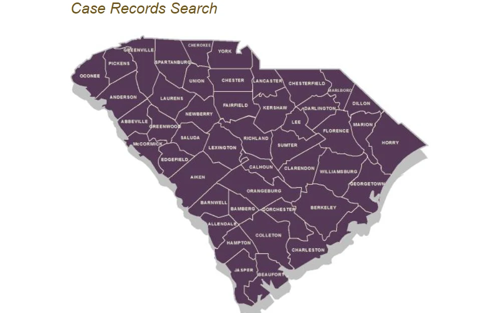 A screenshot of an interactive South Carolina map, divided by counties and linked with the respective case search sites, taken from the state judicial branch's website.